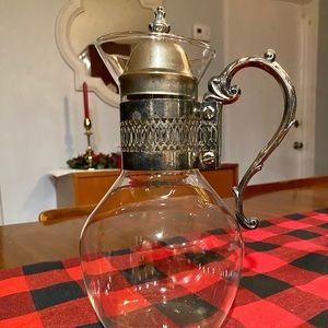 Vintage Etched Brass Glass Pitcher